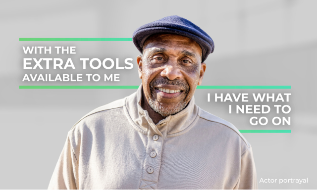 Older man smiling next to text detailing ongoing support and Circle of Care program resources