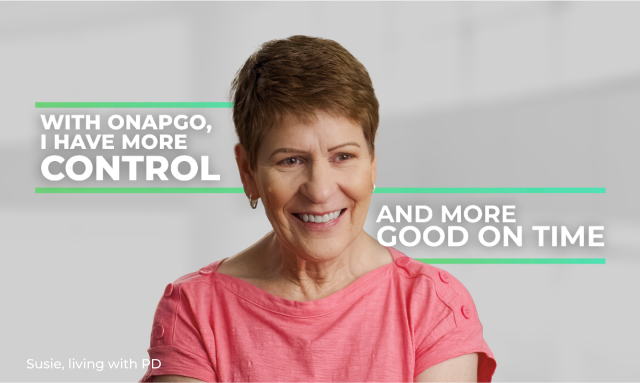 A smiling Susie living with Parkinson's disease on Onapgo